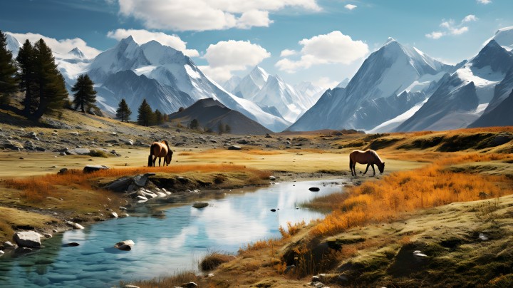 高山牧场中的两匹马摄影图版权图片下载