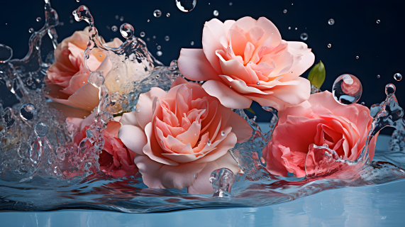 清新娇艳花朵水中飘落溅起水花的摄影图片