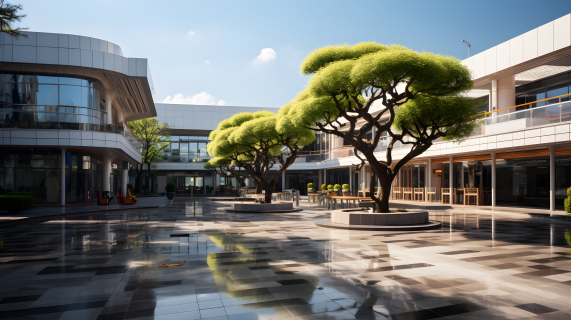 自然光线下的亚洲学校教学楼前大树摄影图