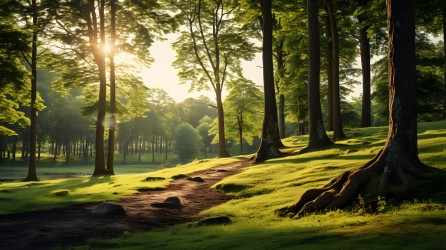 阳光透过树木的田园风光摄影图