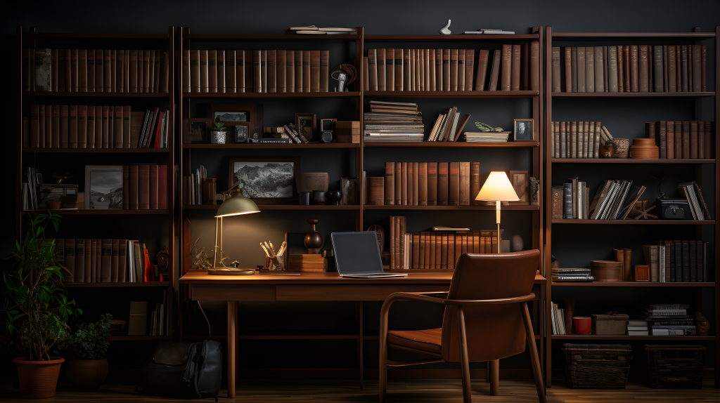 昏暗木质书房摄影图版权图片下载