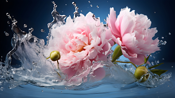 牡丹花落入水中溅起水花的摄影图