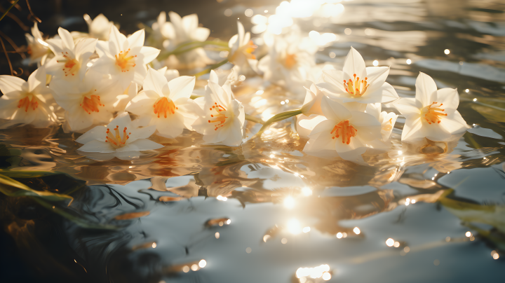 秋日仙境水中白色小花摄影图版权图片下载