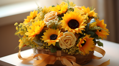 花篮中的向日葵花束摄影图