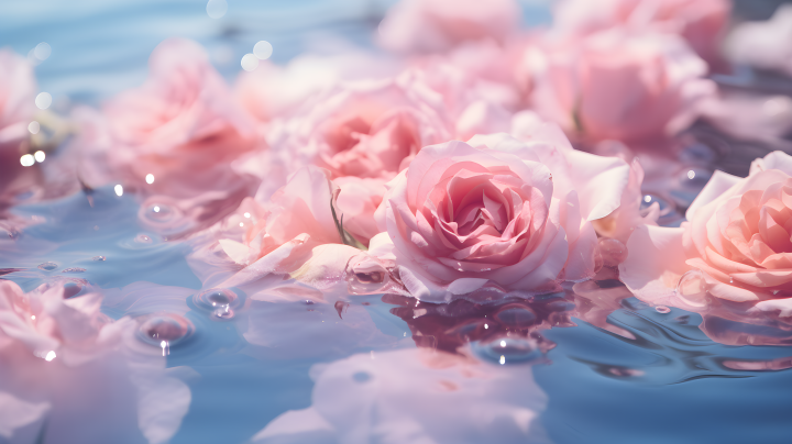 粉红玫瑰花在水中近景摄影图版权图片下载