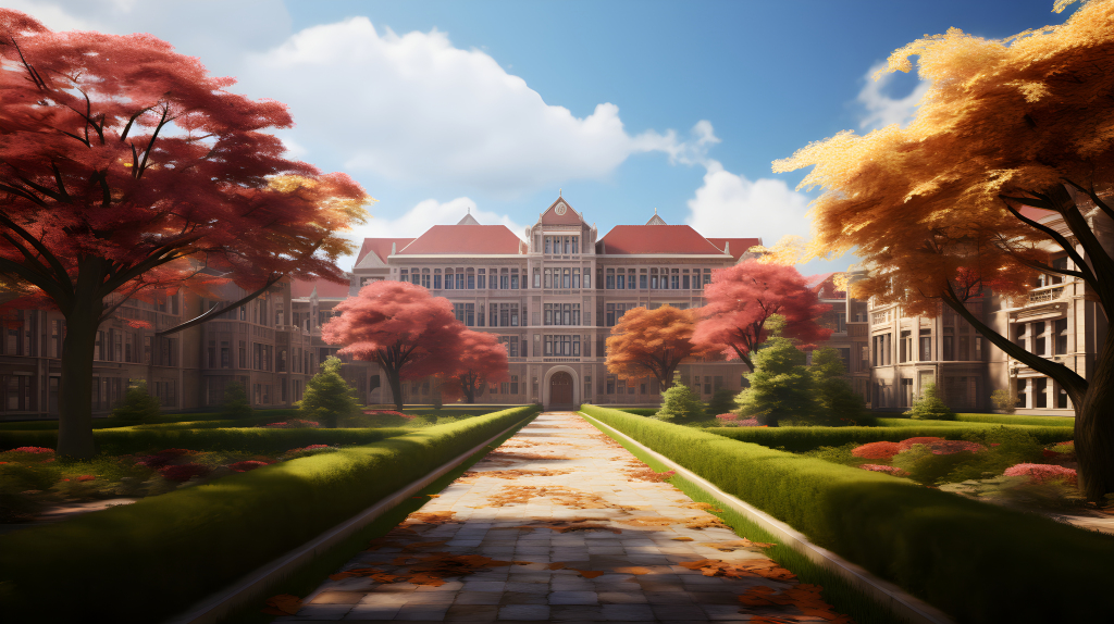 秋季教学楼前美景摄影图