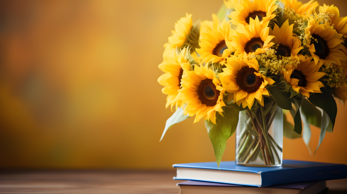 教室桌上的向日葵花束摄影图版权图片下载