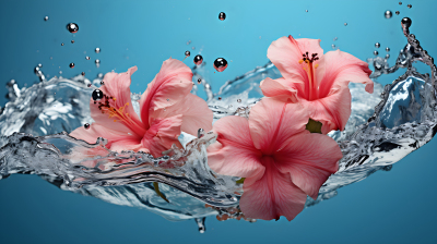 水中掉落的木槿花溅起水花商业摄影图片