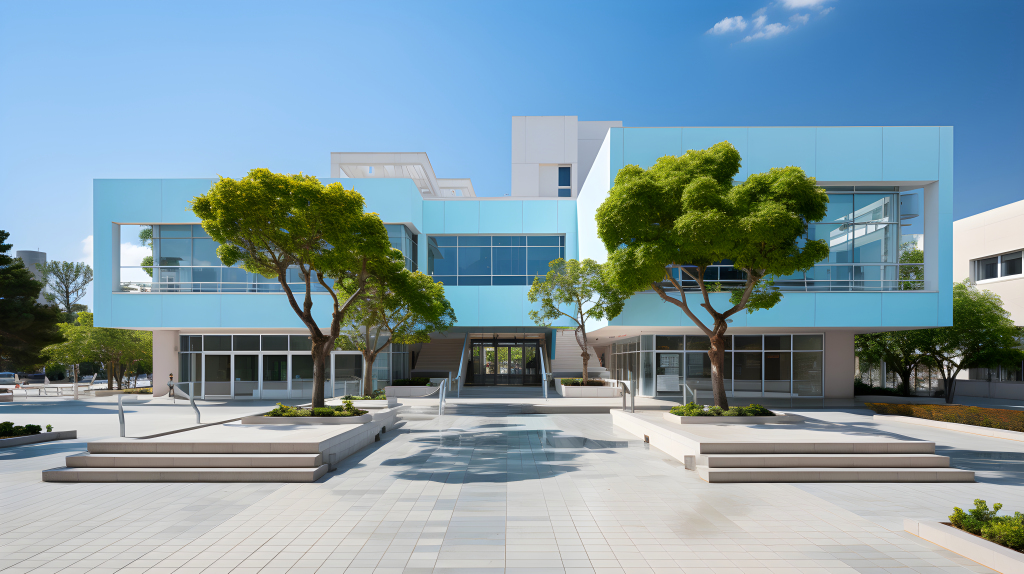 大气的蓝色教学楼建筑摄影图版权图片下载