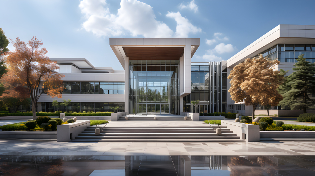 学校建筑白色瓷砖透明玻璃教学楼摄影图片