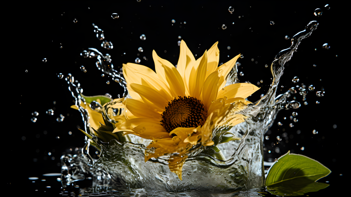 水中向下掉落的向日葵花朵摄影图版权图片下载