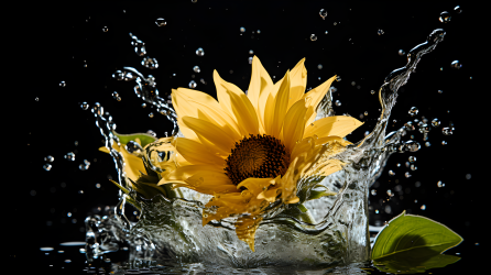 水中向下掉落的向日葵花朵摄影图