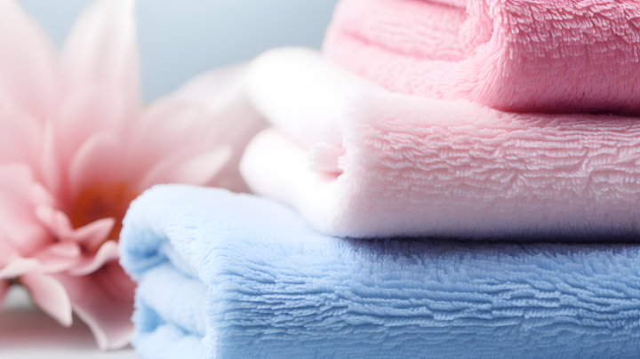 柔软细腻的淡粉色棉质毛巾特写摄影版权图片下载