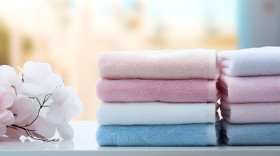 柔软的天空蓝和浅粉色棉质毛巾摄影图