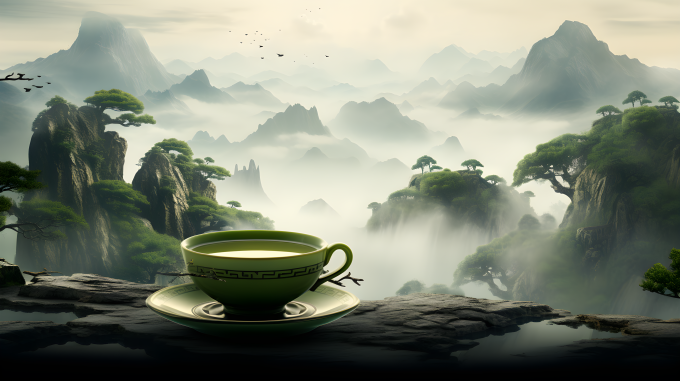 朦胧山间茶杯摄影图