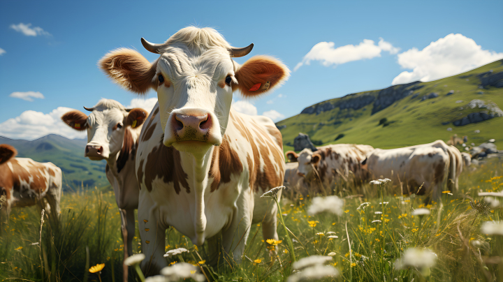 高山草原上的牛群近景摄影图版权图片下载