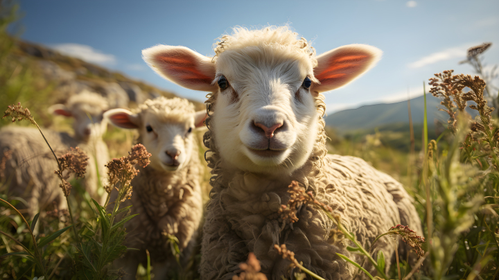晴朗天空下的羊群吃草摄影图版权图片下载
