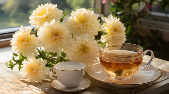 高清真实的菊花和红茶摄影图片