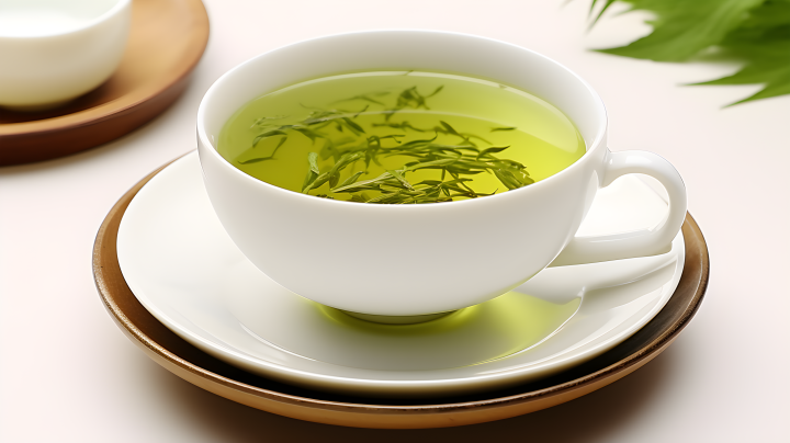 白瓷杯里的清新绿茶摄影图版权图片下载