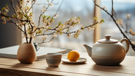 温馨日式风格角落木质桌上的茶壶摄影图