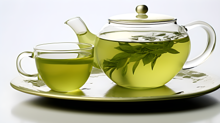 透明茶壶茶杯装满绿茶摄影图