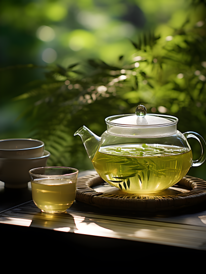 绿茶叶玻璃杯中的光影场景摄影图片