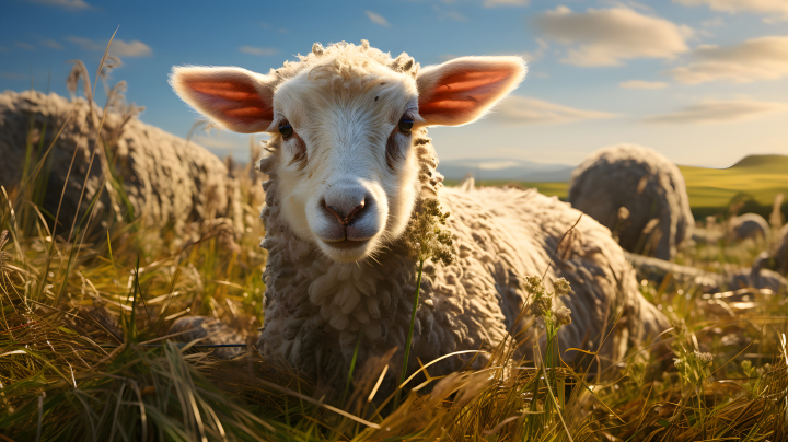 小羊羔趴在草原牧场上摄影版权图片下载