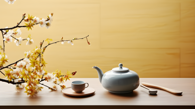 温馨日式木质角落，简约设计茶壶摄影图片