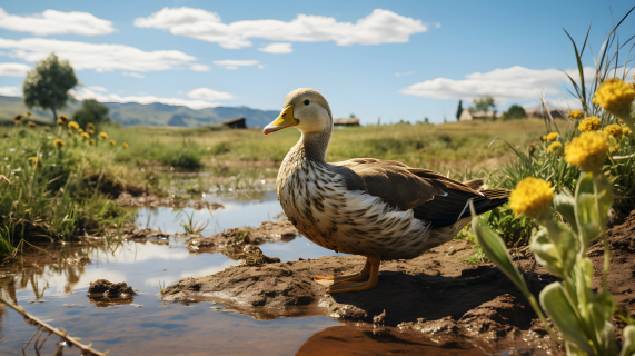 绿草地旁喝水的鸭子摄影图