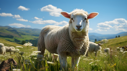 绿草地上的羔羊摄影图