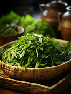 竹篮中的绿茶叶摄影图片