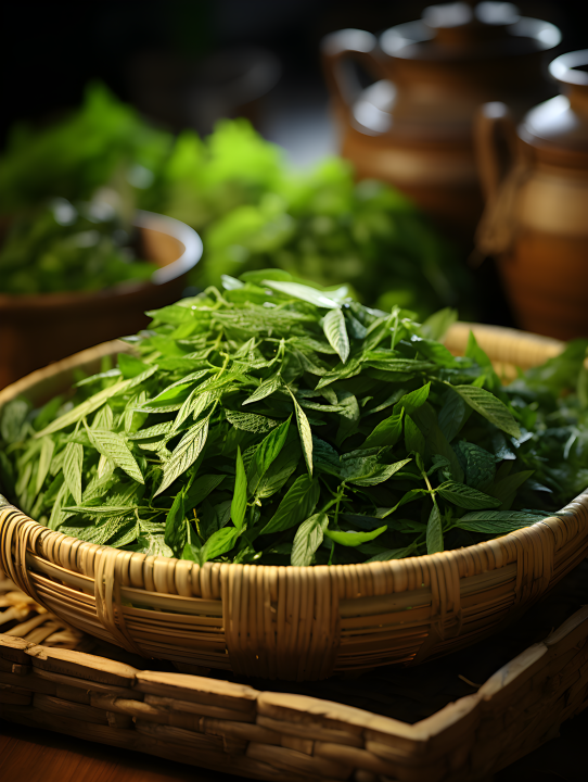 竹篮中的绿茶叶摄影版权图片下载
