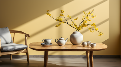 角落温馨木桌茶壶摄影图