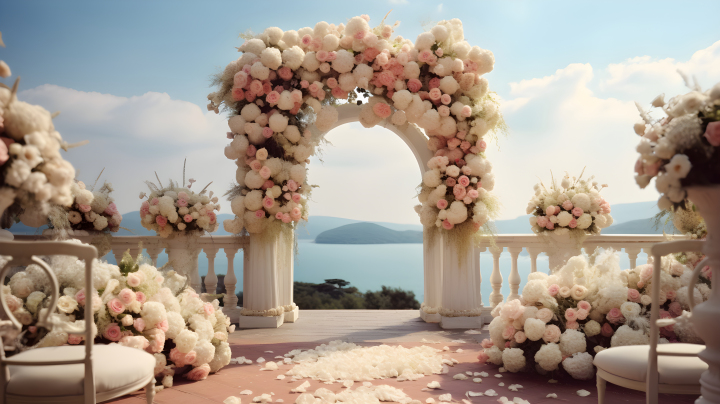 海边户外婚礼现场装饰满鲜花摄影图版权图片下载