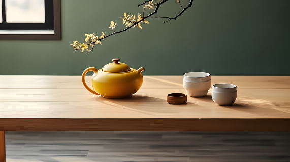 和风简约设计的木质桌角日式茶壶摄影图片