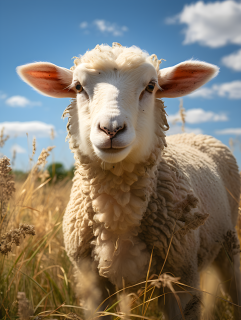 一只绵羊在牧场上摄影图