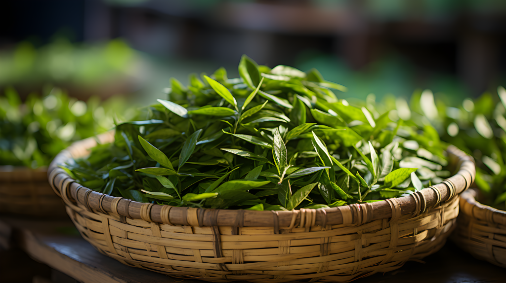 绿茶叶在竹篮中的摄影版权图片下载