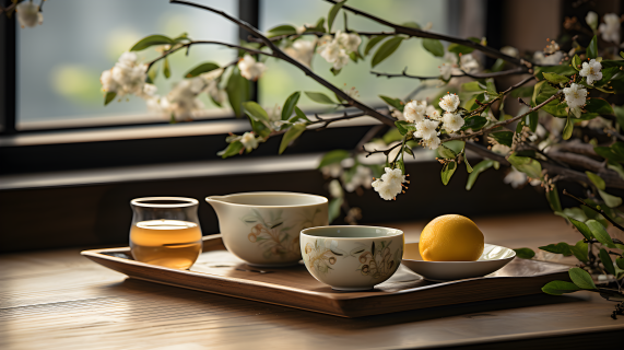 木质桌上的日式风格茶壶摄影图片