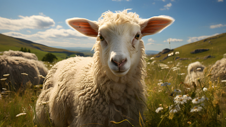 牧场中吃草的小羊摄影图
