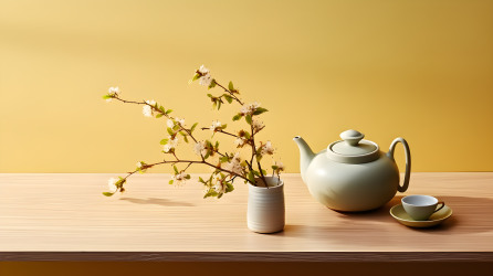 木质桌上的日式迷你设计茶壶摄影图片
