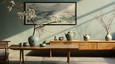 中式木质角落茶具摄影图片