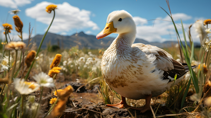 白黄色小花丛中的鸭子摄影图版权图片下载