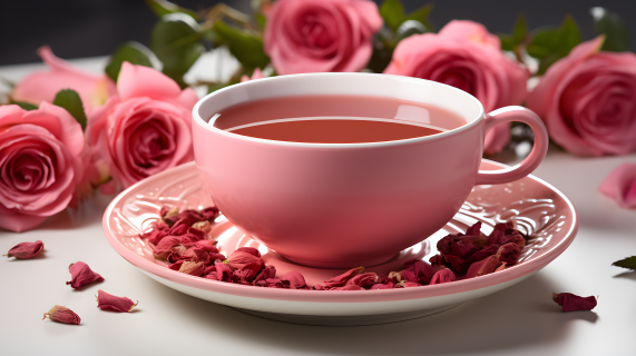 粉红瓷杯里的玫瑰茶摄影图