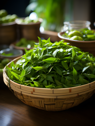 翠绿竹篮中的绿茶叶摄影图