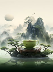 朦胧山景中的茶杯摄影图
