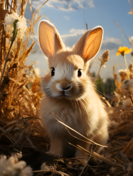 小兔子蹲在牧场上吃草摄影图