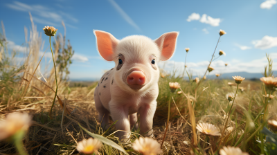 草原牧场可爱小猪摄影图片