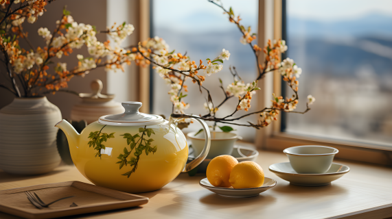 木质桌角上的日式风格茶壶摄影图片