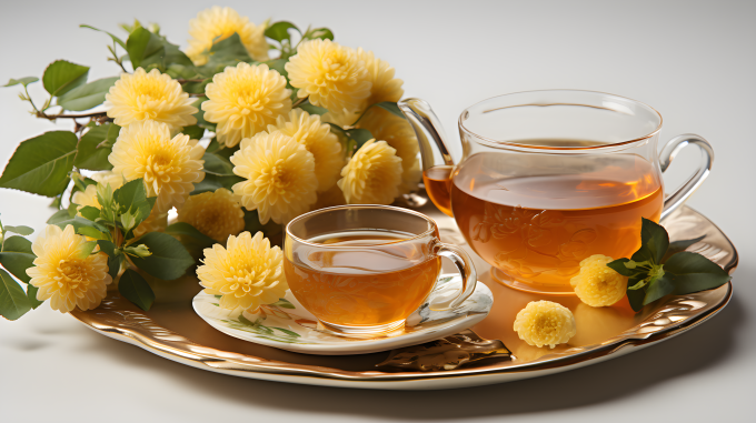 菊花茶和美丽菊花摄影图片