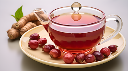 透明玻璃杯里的红枣姜茶摄影图